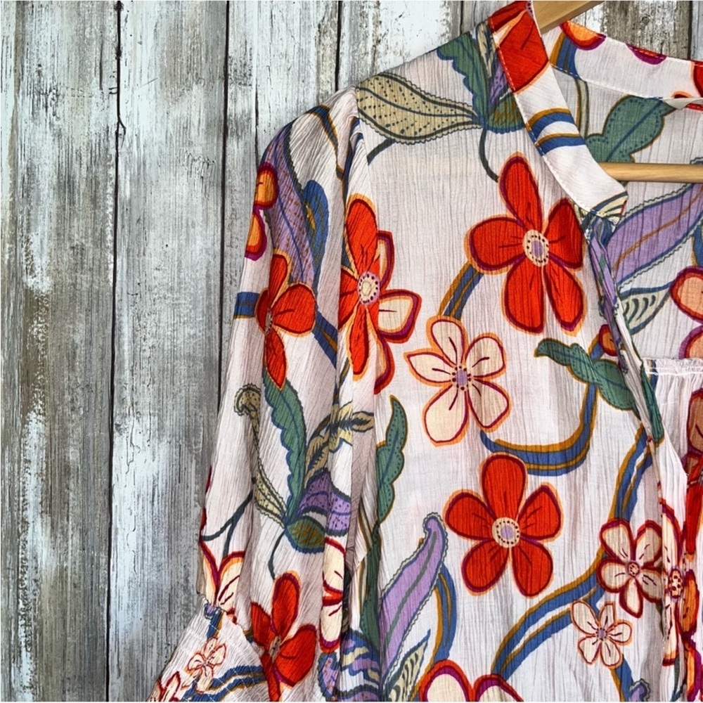 Easel White/Cream Floral Pleat Peach Blossom Puff Sleeve Blouse Women’s Large - Picture 4 of 7